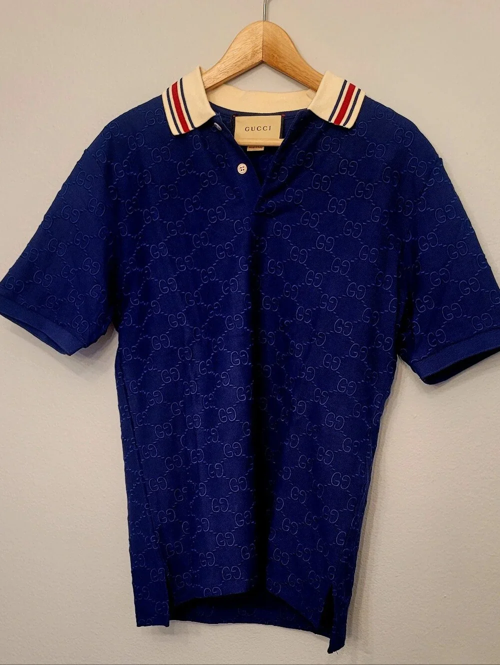 🇮🇹 GUCCI Embroidered 👕Navy Blue GG Jacquard Polo🇮🇹 with Cream Stripe Collar